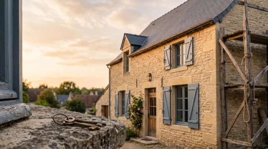 Façade d'une maison française rénovée avec échafaudage partiellement retiré, symbolisant le financement réussi d'un projet de travaux.