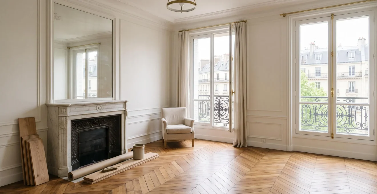 Salon d'appartement parisien haussmannien avec finitions premium, parquet en point de Hongrie et lumière naturelle valorisant le bien avant une vente