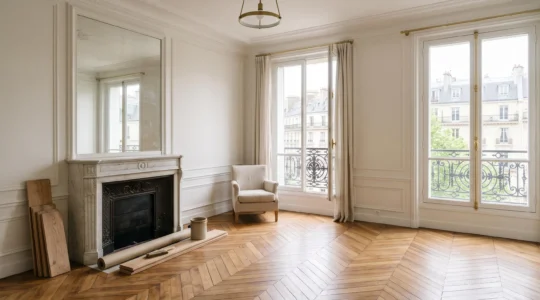 Salon d'appartement parisien haussmannien avec finitions premium, parquet en point de Hongrie et lumière naturelle valorisant le bien avant une vente