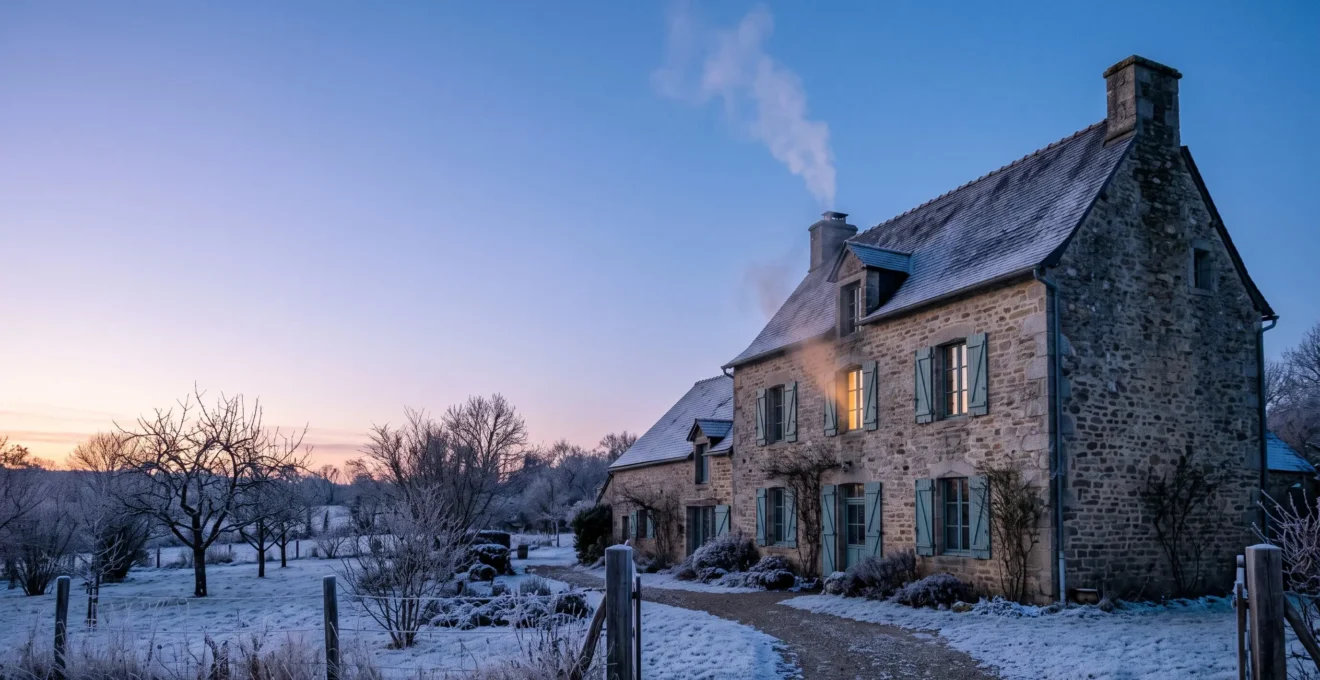 Maison francaise en hiver revelant symboliquement ses fuites de chaleur invisibles au crepuscule