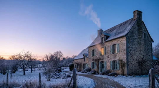 Maison francaise en hiver revelant symboliquement ses fuites de chaleur invisibles au crepuscule
