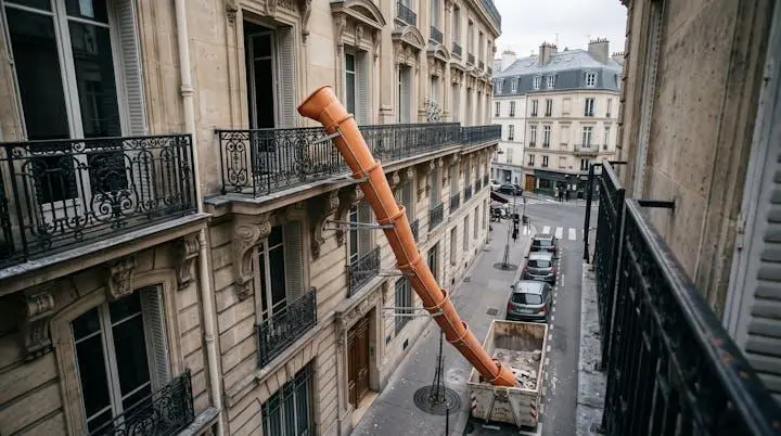 Goulotte d'évacuation de gravats orange installée le long de la façade d'un immeuble haussmannien parisien en pierre de taille, débouchant dans une benne de chantier au niveau de la rue