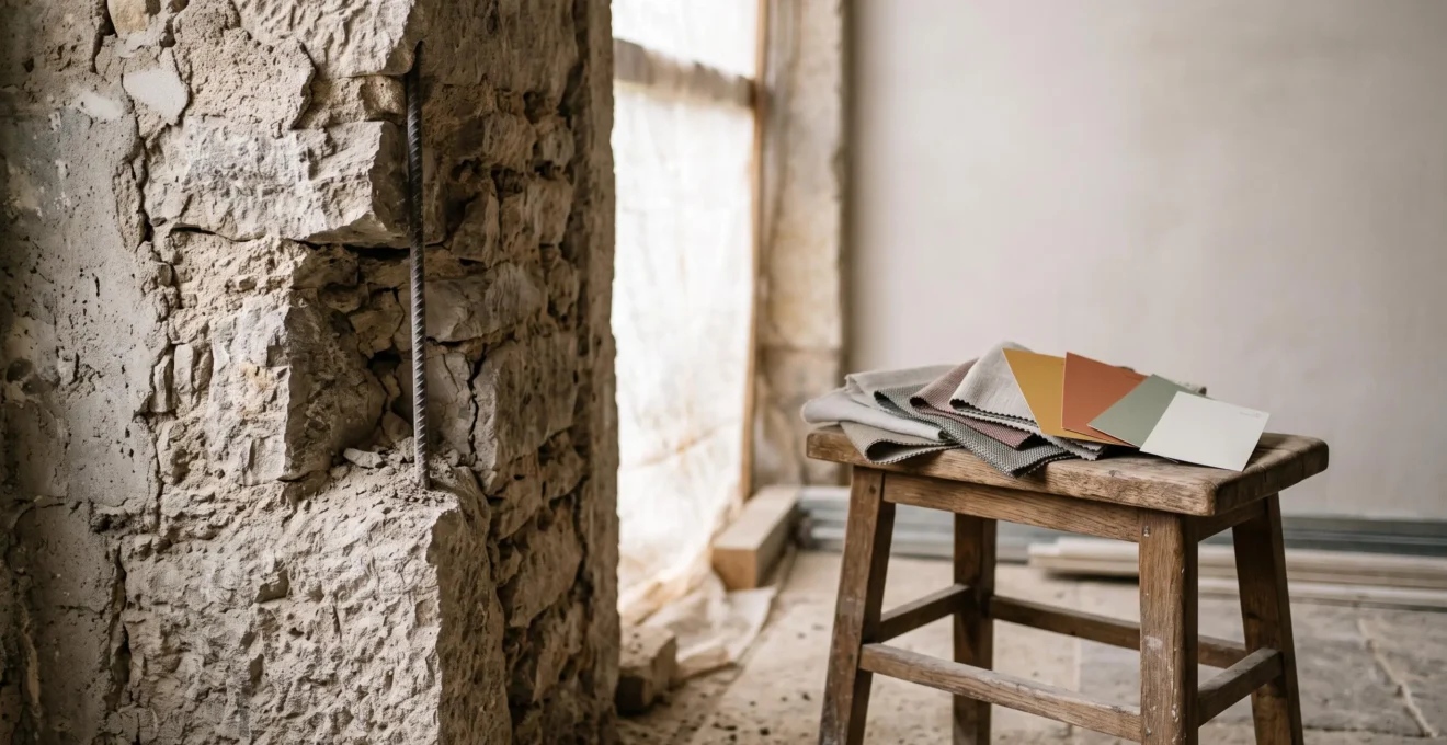 Structure porteuse en pierre et béton d'une maison française en cours de rénovation, contrastant avec des éléments de décoration intérieure en arrière-plan