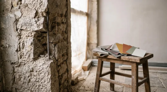Structure porteuse en pierre et béton d'une maison française en cours de rénovation, contrastant avec des éléments de décoration intérieure en arrière-plan