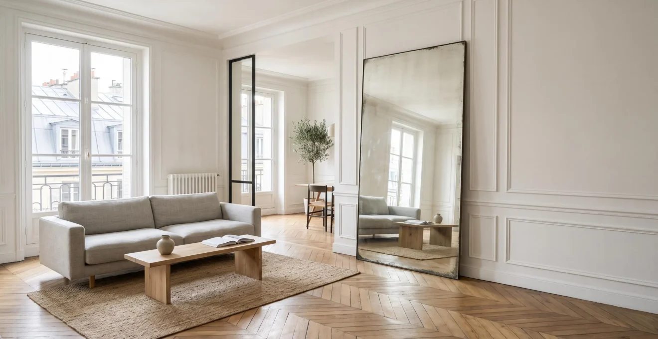 Salon lumineux d'un appartement parisien de 60 m2 dont l'agencement cree une illusion de grand volume sans cloisons abattues