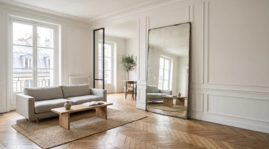 Salon lumineux d'un appartement parisien de 60 m2 dont l'agencement cree une illusion de grand volume sans cloisons abattues