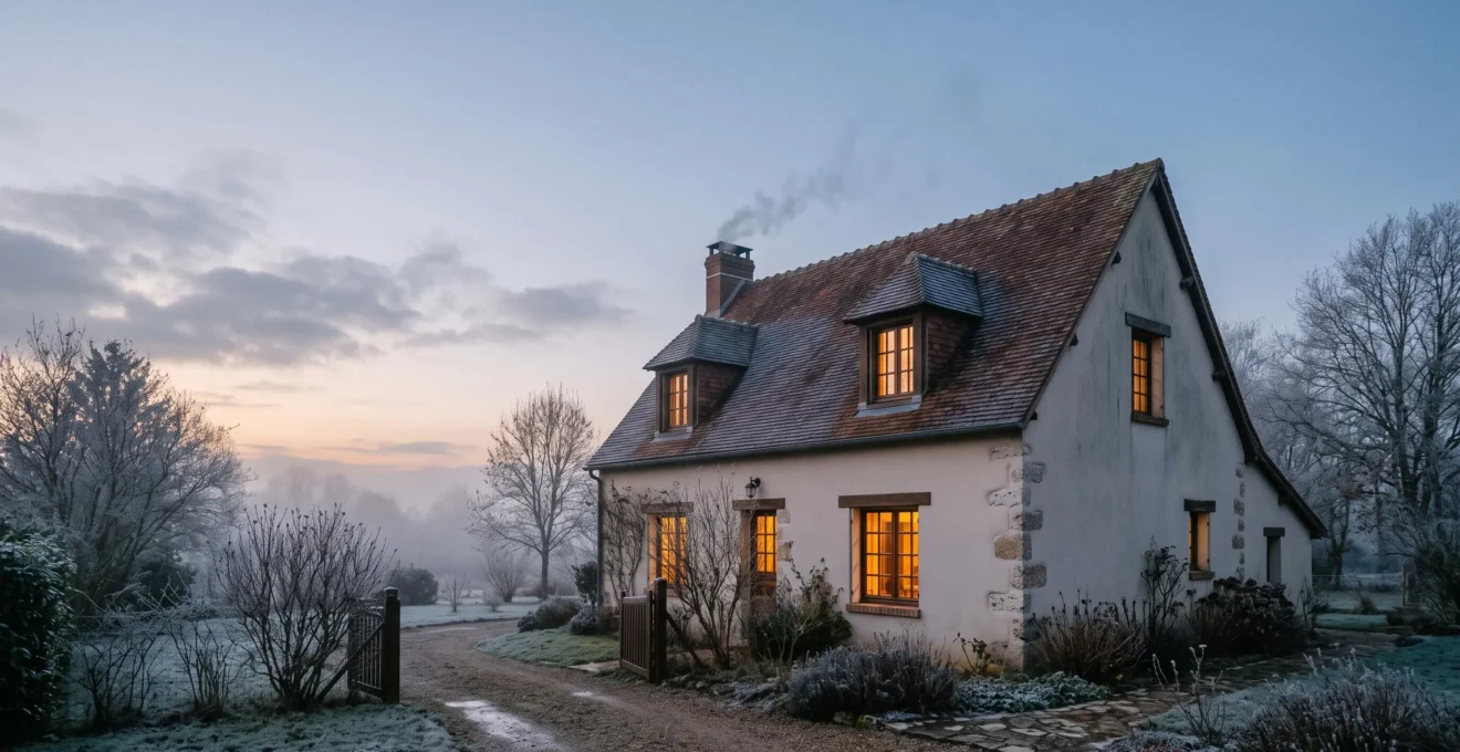 Coupe imagée d'une maison française en hiver montrant la chaleur s'échappant par une toiture non isolée, contrastée avec des combles isolés protégeant le foyer.