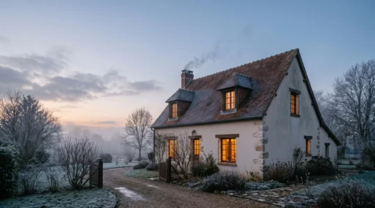 Coupe imagée d'une maison française en hiver montrant la chaleur s'échappant par une toiture non isolée, contrastée avec des combles isolés protégeant le foyer.