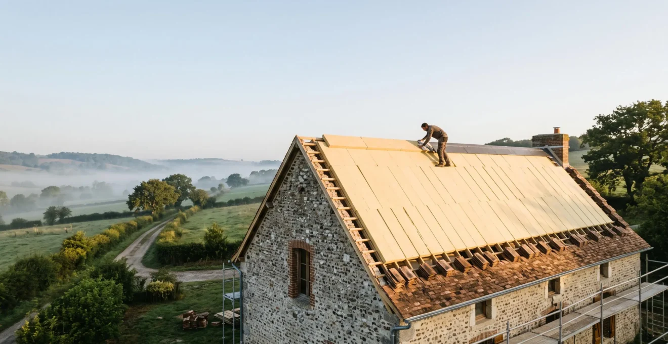 Charpente traditionnelle française en cours d'isolation par sarking, panneaux isolants continus posés sur la toiture sans perte de surface habitable