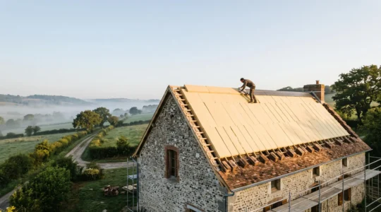 Charpente traditionnelle française en cours d'isolation par sarking, panneaux isolants continus posés sur la toiture sans perte de surface habitable