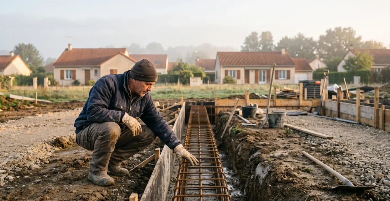 Artisan macon examinant attentivement le ferraillage d'une fondation sur un chantier de maison individuelle en France