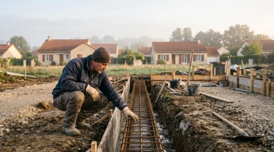 Artisan macon examinant attentivement le ferraillage d'une fondation sur un chantier de maison individuelle en France