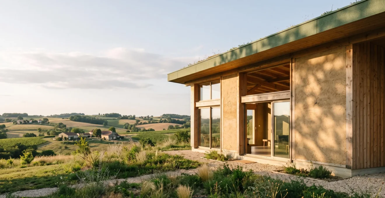 Maison bioclimatique en ossature bois et enduit terre, orientee plein sud, illustrant l'ecoconstruction confortable en France