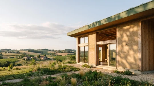Maison bioclimatique en ossature bois et enduit terre, orientee plein sud, illustrant l'ecoconstruction confortable en France