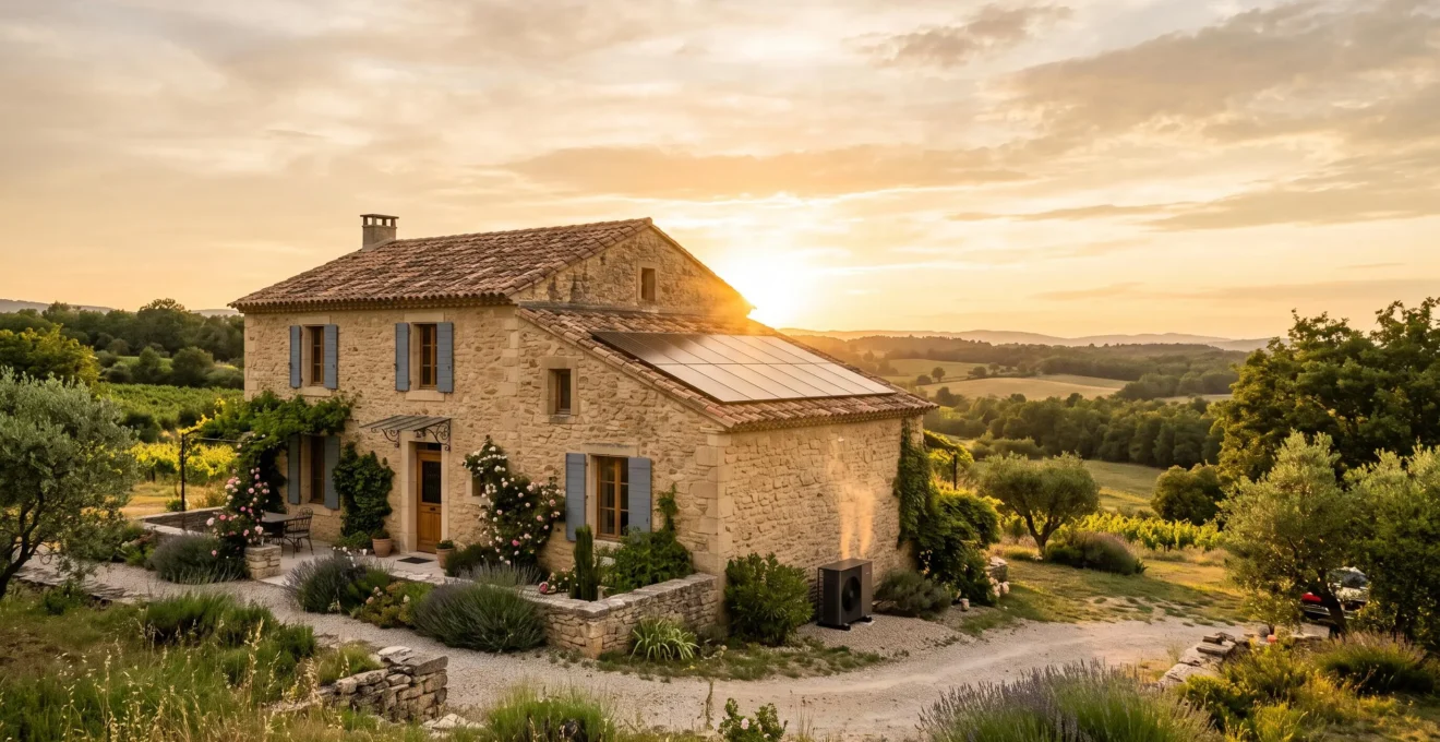 Maison traditionnelle française en pierre avec panneaux solaires en toiture et pompe à chaleur discrète, illustrant la rentabilité des énergies vertes