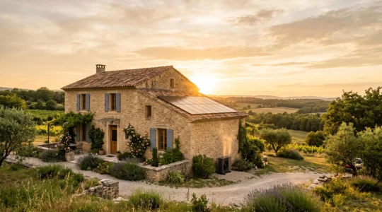 Maison traditionnelle française en pierre avec panneaux solaires en toiture et pompe à chaleur discrète, illustrant la rentabilité des énergies vertes