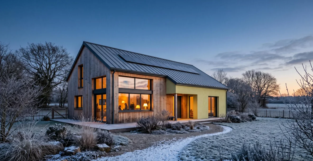 Maison individuelle française à l'architecture contemporaine en bois et crépi, illuminée de l'intérieur au crépuscule d'hiver, symbolisant la chaleur préservée par le standard passif