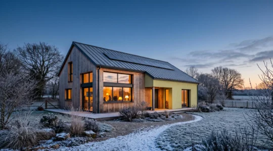 Maison individuelle française à l'architecture contemporaine en bois et crépi, illuminée de l'intérieur au crépuscule d'hiver, symbolisant la chaleur préservée par le standard passif