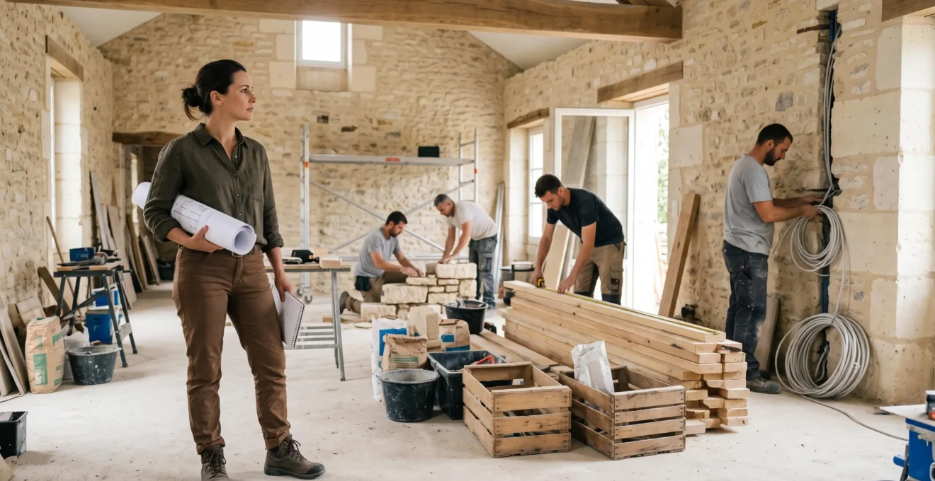 Un maître d'œuvre consultant des plans sur un chantier de rénovation français en présence de plusieurs artisans au travail
