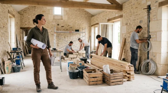 Un maître d'œuvre consultant des plans sur un chantier de rénovation français en présence de plusieurs artisans au travail
