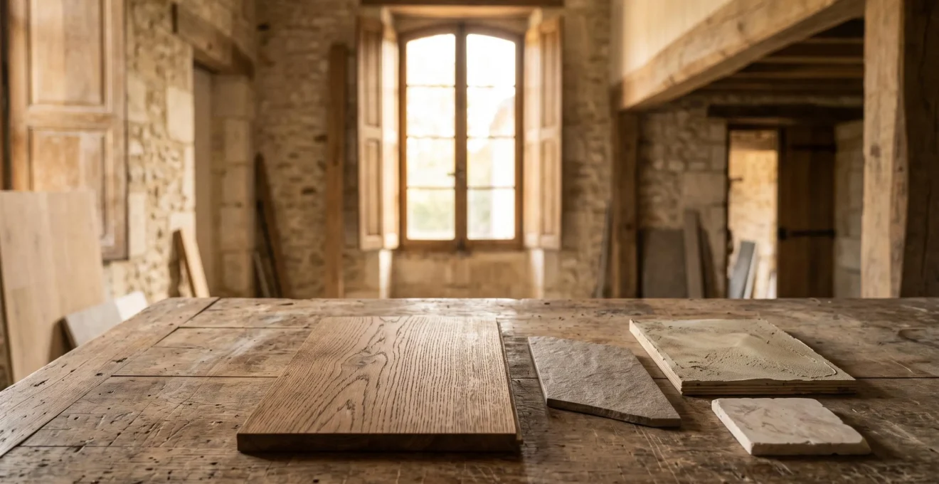 Gros plan artistique sur des matériaux de rénovation nobles et durables dans une maison française, illustrant le choix entre qualité et prix
