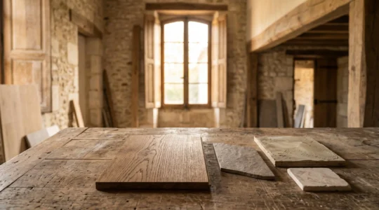 Gros plan artistique sur des matériaux de rénovation nobles et durables dans une maison française, illustrant le choix entre qualité et prix