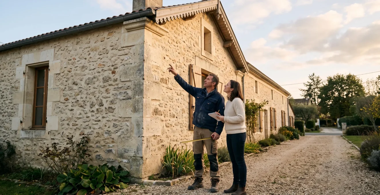Artisan et propriétaire évaluant ensemble la surface réelle d'une façade de maison française avant travaux de ravalement