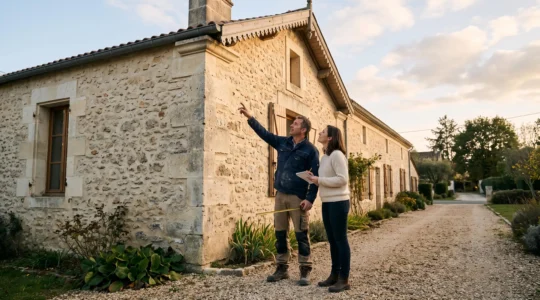 Artisan et propriétaire évaluant ensemble la surface réelle d'une façade de maison française avant travaux de ravalement