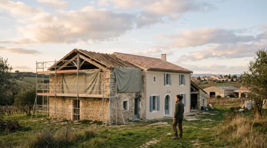 Vue d'ensemble d'un chantier de renovation de maison francaise organise et maitrise, symbole de pilotage reussi