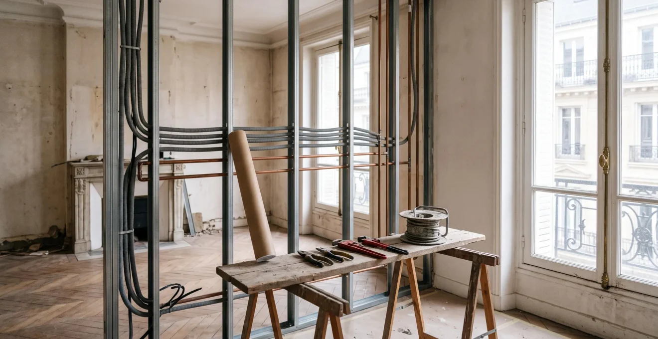 Chantier de renovation en France montrant la coordination entre plomberie, electricite et ossature de cloison avant fermeture des murs