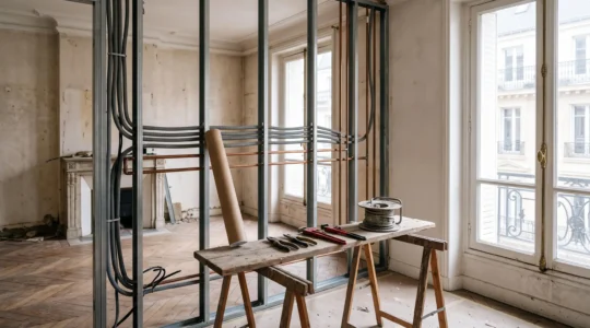 Chantier de renovation en France montrant la coordination entre plomberie, electricite et ossature de cloison avant fermeture des murs
