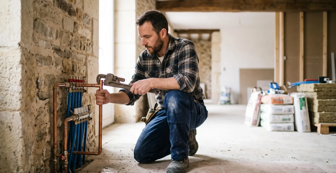 Un plombier professionnel examine avec attention un assemblage de tuyauterie en cuivre dans une maison française en rénovation