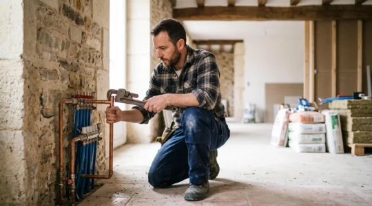 Un plombier professionnel examine avec attention un assemblage de tuyauterie en cuivre dans une maison française en rénovation