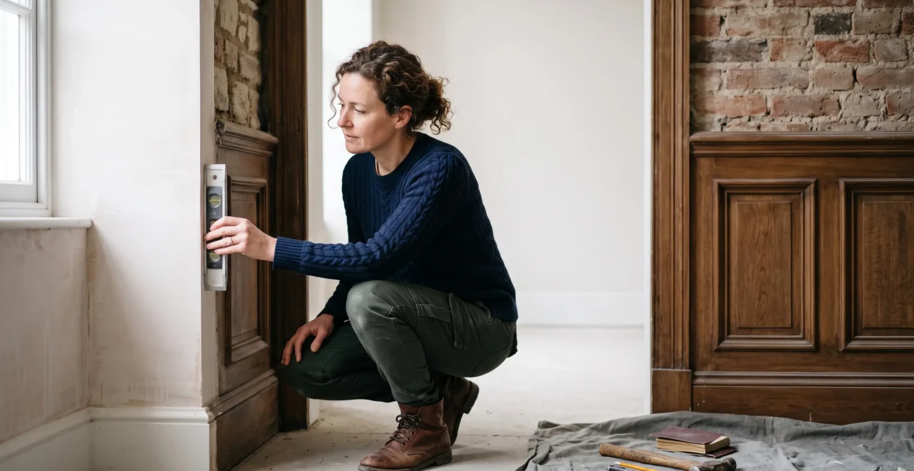 Un propriétaire inspecte avec attention les finitions d'un chantier de rénovation dans une maison française, à l'aide d'un niveau à bulle