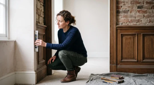 Un propriétaire inspecte avec attention les finitions d'un chantier de rénovation dans une maison française, à l'aide d'un niveau à bulle