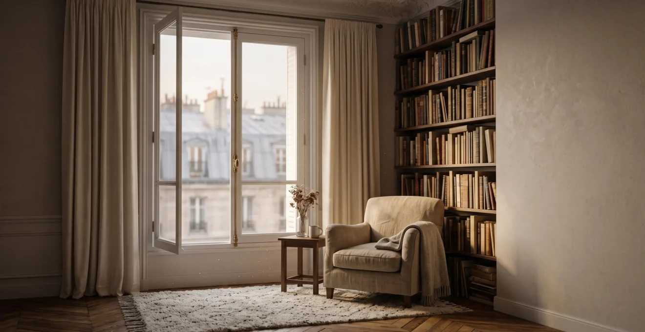 Salon lumineux d'un appartement haussmannien parisien symbolisant le calme retrouvé grâce à des solutions acoustiques simples