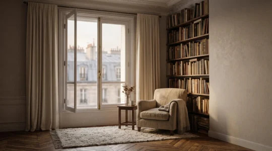Salon lumineux d'un appartement haussmannien parisien symbolisant le calme retrouvé grâce à des solutions acoustiques simples