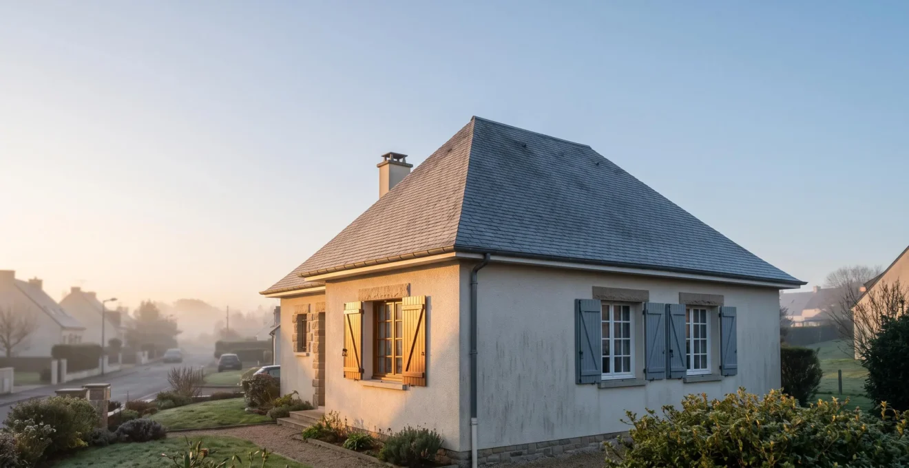 Maison française typique au petit matin illustrant une stratégie ciblée de réduction des pertes de chaleur