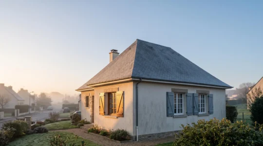 Maison française typique au petit matin illustrant une stratégie ciblée de réduction des pertes de chaleur