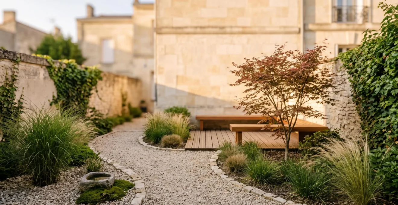 Petit jardin zen urbain de 15 m² avec sentier sinueux, végétation apaisante et coin détente en bois, typique d'une cour arrière française.