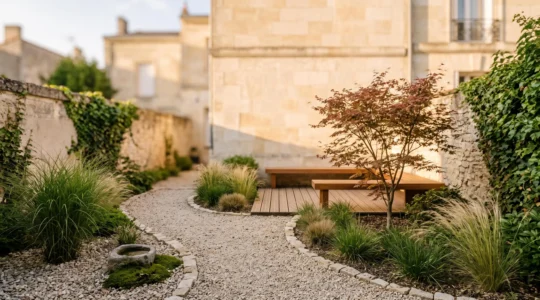 Petit jardin zen urbain de 15 m² avec sentier sinueux, végétation apaisante et coin détente en bois, typique d'une cour arrière française.