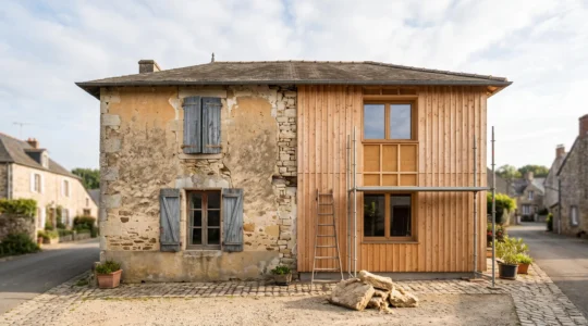 Facade d'une maison francaise a mi-chemin entre renovation classique et renovation ecologique, symbolisant l'equilibre entre cout et impact environnemental
