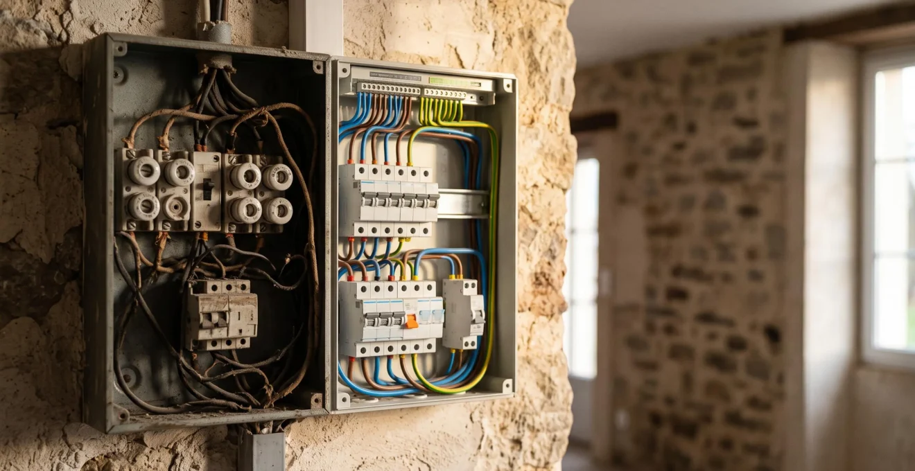 Tableau électrique ouvert dans une maison française en rénovation, symbolisant la mise à niveau des équipements électriques prioritaires