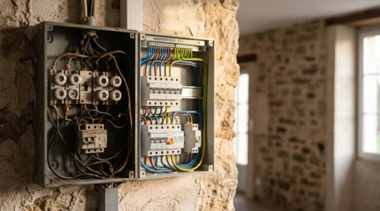Tableau électrique ouvert dans une maison française en rénovation, symbolisant la mise à niveau des équipements électriques prioritaires