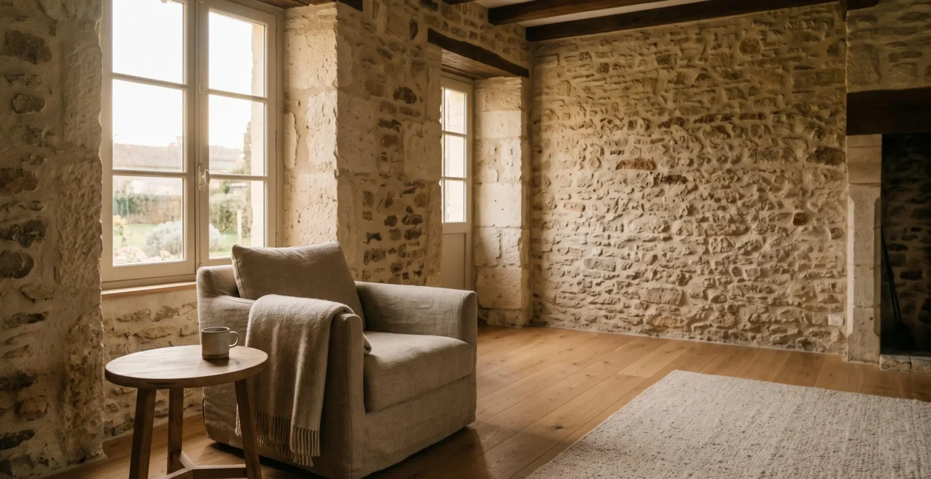 Interieur chaleureux d'une maison francaise renovee illustrant le confort thermique apres une isolation complete
