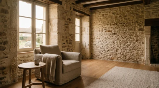 Interieur chaleureux d'une maison francaise renovee illustrant le confort thermique apres une isolation complete