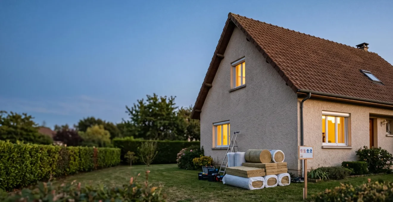 Pavillon français typique en cours de rénovation énergétique, illustrant l'isolation d'une maison de 100 m² avec un budget maîtrisé