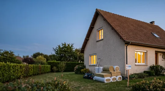 Pavillon français typique en cours de rénovation énergétique, illustrant l'isolation d'une maison de 100 m² avec un budget maîtrisé
