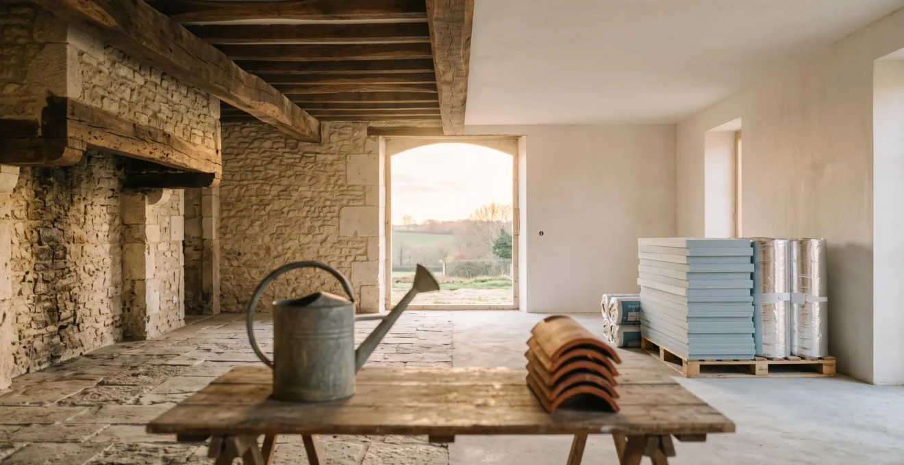 Chantier de renovation de maison francaise avec materiaux de qualite et outils artisanaux, symbolisant l'equilibre entre economies et travaux essentiels