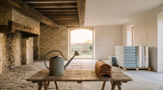 Chantier de renovation de maison francaise avec materiaux de qualite et outils artisanaux, symbolisant l'equilibre entre economies et travaux essentiels